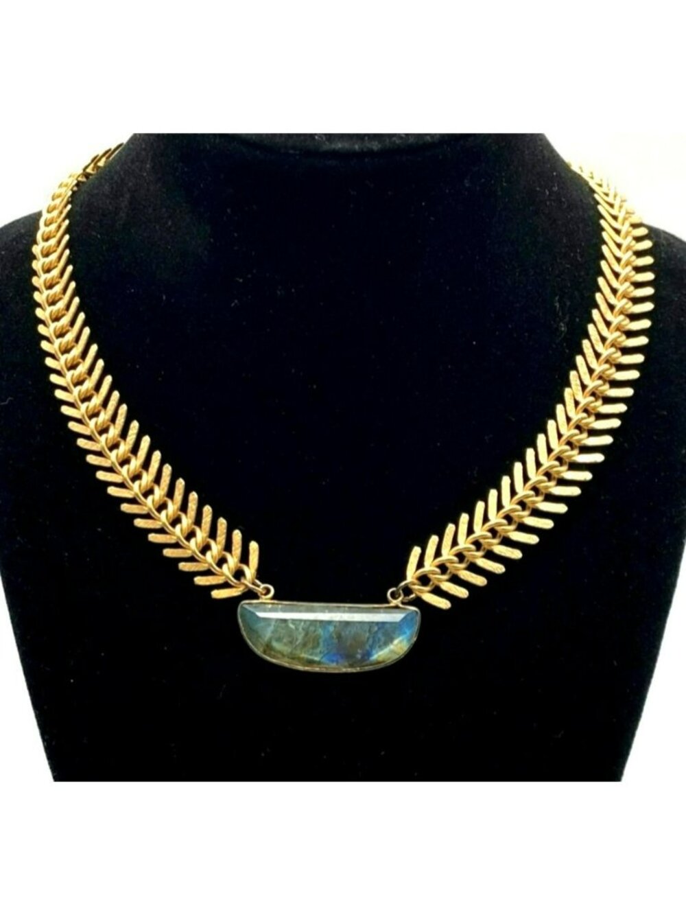 Swara Labradorite Necklace Fishbone Artisan Handmade Brass 14k Gold Plated
